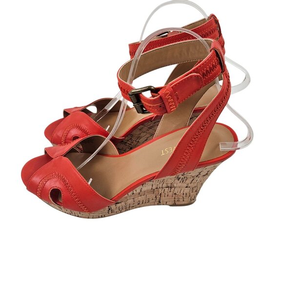Nine West Sandals Womens Size 8.5M Coral Peep Toe Wedge Ankle Strap Faux Leather - Picture 6 of 9